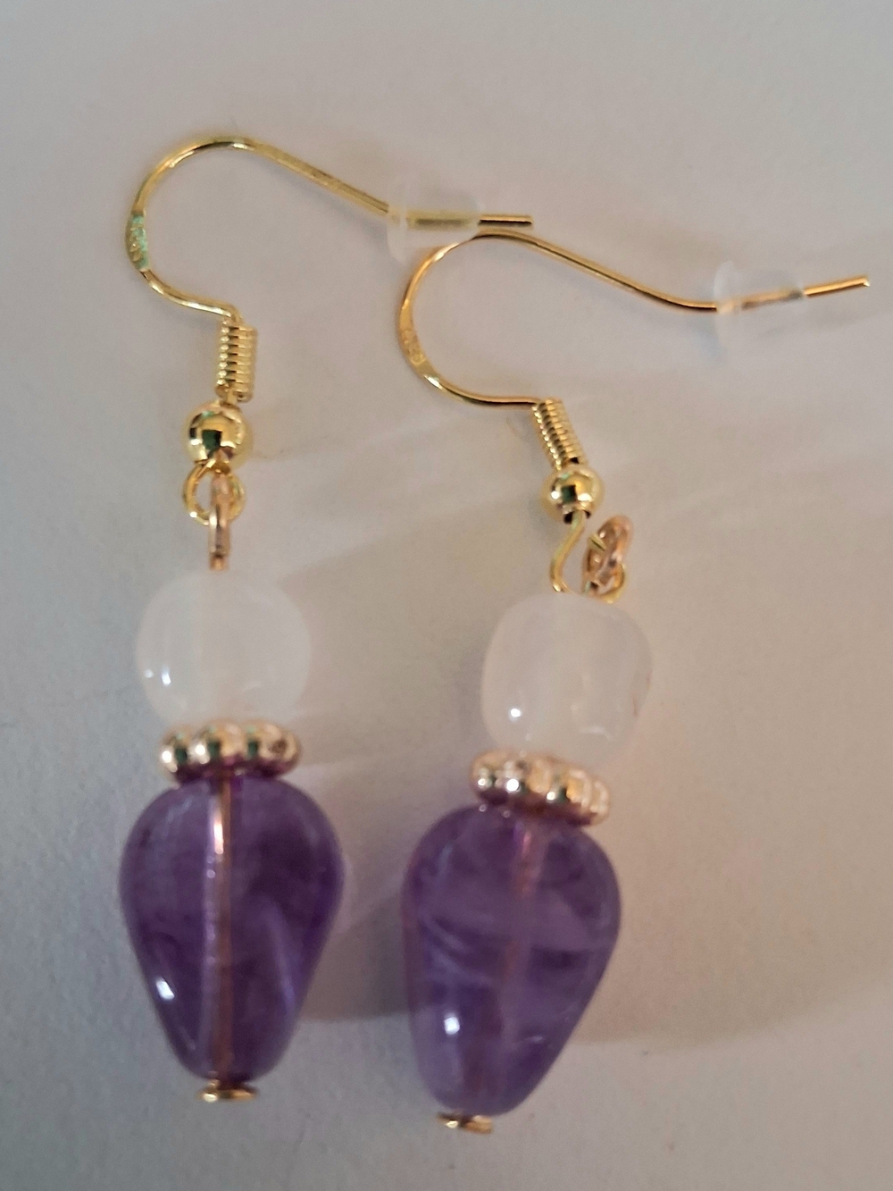 Gold-Tone Purple Amethyst Style & White Bead Drop Earrings